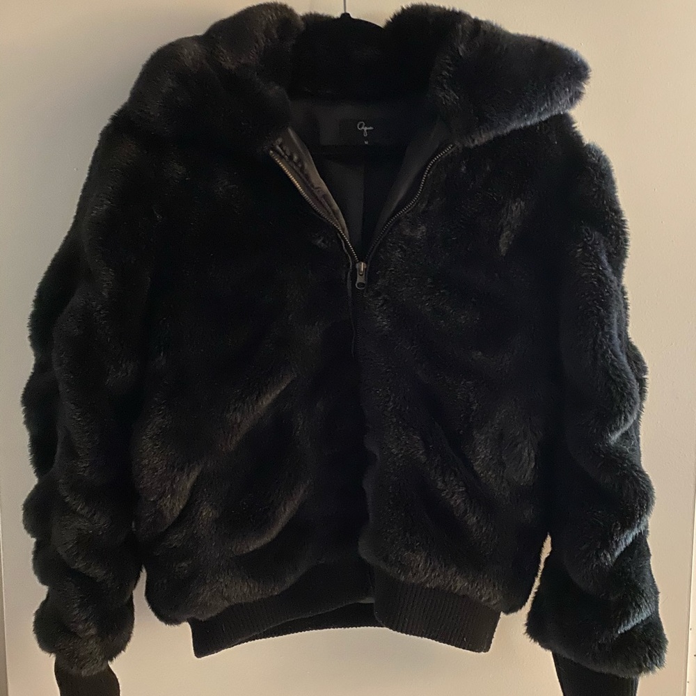 Aqua Faux Fur Black Zip Jacket